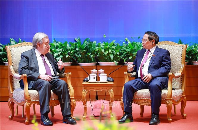 Thủ tướng Phạm Minh Chính hội kiến Tổng Thư ký Liên hợp quốc António Guterres. Ảnh: Dương Giang-TTXVN 
