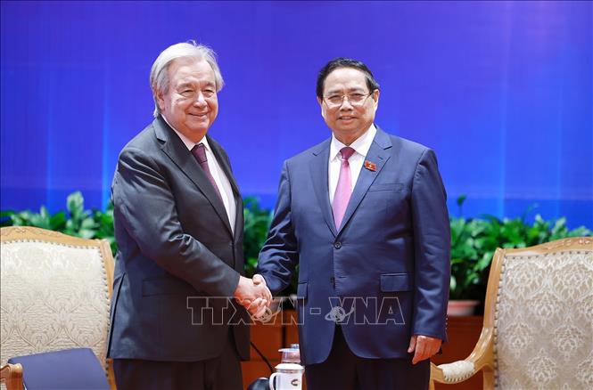 Thủ tướng Phạm Minh Chính hội kiến Tổng Thư ký Liên hợp quốc António Guterres. Ảnh: Dương Giang-TTXVN 
