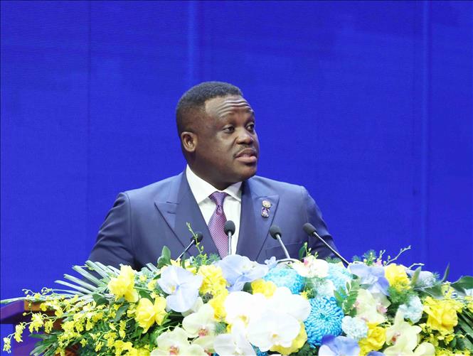Bộ trưởng Bộ Khoa học Công nghệ Cộng hoà Ghana Samuel Nartey George phát biểu tại Phiên thảo luận toàn thể cấp cao thứ nhất. Ảnh: Phương Hoa - TTXVN