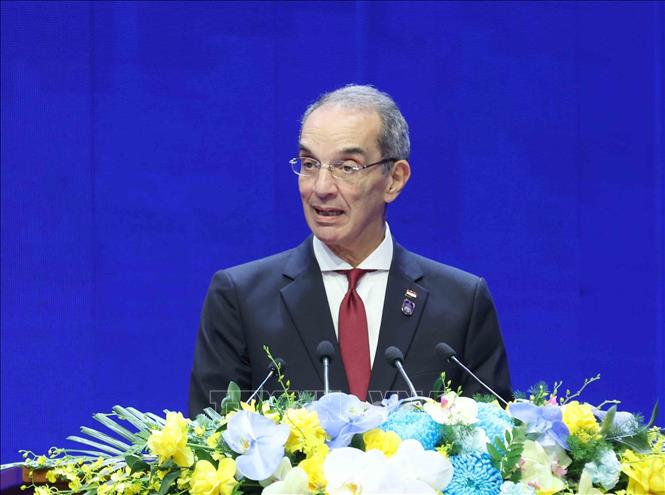 Bộ trưởng Bộ Khoa học Công nghệ Cộng hoà Ả rập Ai Cập Amr Talaat phát biểu tại Phiên thảo luận toàn thể cấp cao thứ nhất. Ảnh: Phương Hoa - TTXVN