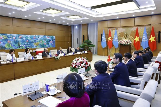Chủ tịch Quốc hội Trần Thanh Mẫn hội kiến Tổng Thư ký Liên hợp quốc António Guterres. Ảnh: Doãn Tấn - TTXVN