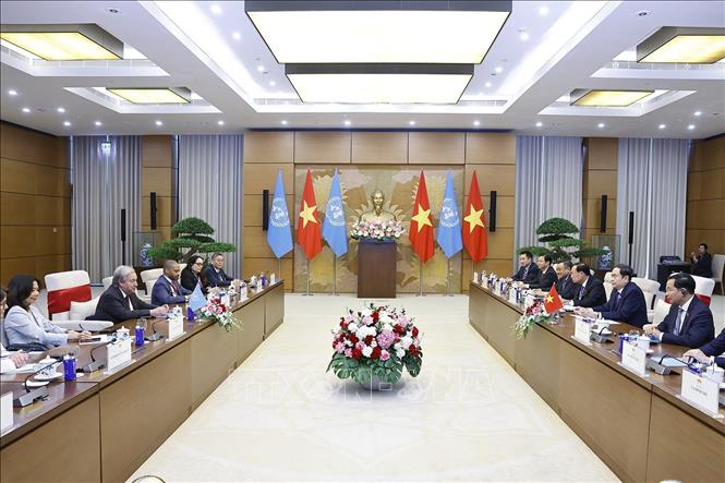 Chủ tịch Quốc hội Trần Thanh Mẫn hội kiến Tổng Thư ký Liên hợp quốc António Guterres. Ảnh: Doãn Tấn - TTXVN