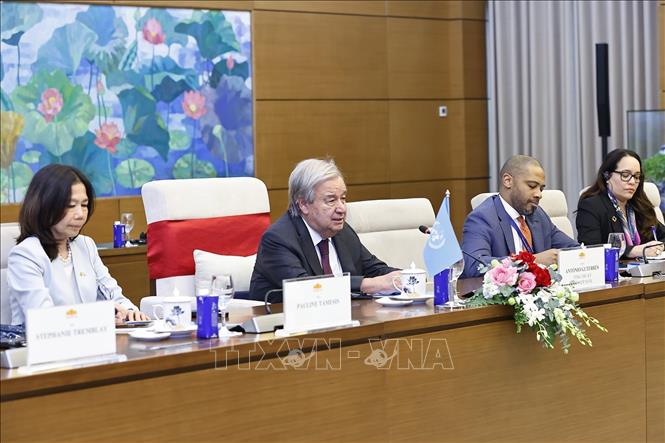 Tổng Thư ký Liên hợp quốc António Guterres phát biểu tại cuộc hội kiến Chủ tịch Quốc hội Trần Thanh Mẫn. Ảnh: Doãn Tấn - TTXVN