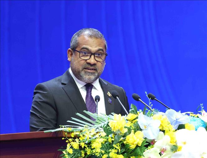 Bộ trưởng Ngoại giao Cộng hoà Maldives Abdulla Khaleel phát biểu tại Phiên thảo luận toàn thể cấp cao thứ nhất. Ảnh: Phương Hoa - TTXVN