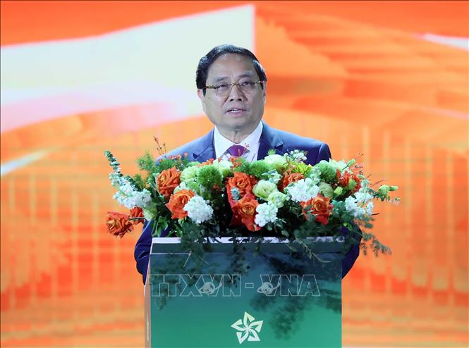 Thủ tướng Phạm Minh Chính phát biểu khai mạc Hội chợ mùa Thu lần thứ nhất - năm 2025. Ảnh: An Đăng - TTXVN
