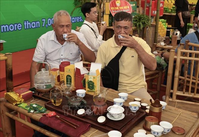 Du khách thưởng thức chè đến từ gian hàng Thái Nguyên. Ảnh: Trần Việt - TTXVN