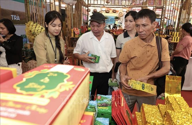 Du khách mua sắm sản phẩm trà hoa vàng đến từ Quảng Ninh. Ảnh: Trần Việt - TTXVN