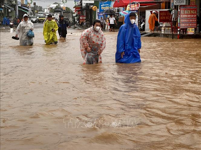 Người dân di chuyển ra khỏi các khu vực ngập lũ tại xã Đại Lộc (Đà Nẵng). Ảnh: Trần Lê Lâm – TTXVN 