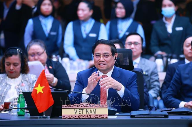 Prime Minister Pham Minh Chinh speaks at the 28th ASEAN - China Summit. VNA Photo: Dương Giang