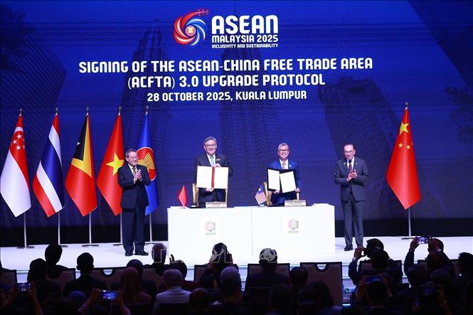 China and ASEAN sign Free Trade Area 3.0 Upgrade Protocol at the 28th ASEAN - China Summit. VNA Photo: Dương Giang
