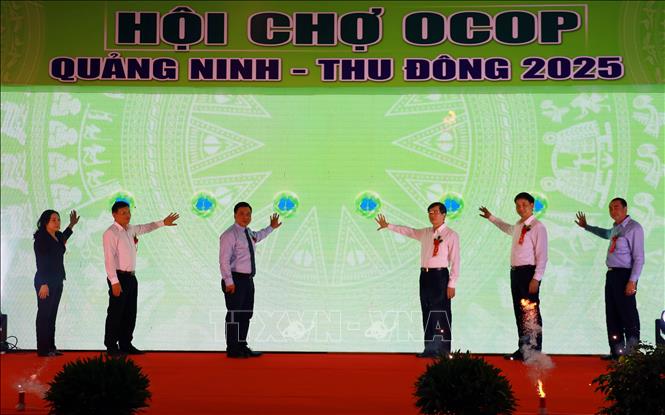 Các đại biểu bấm nút khai mạc hội chợ. Ảnh: Đức Hiếu - TTXVN