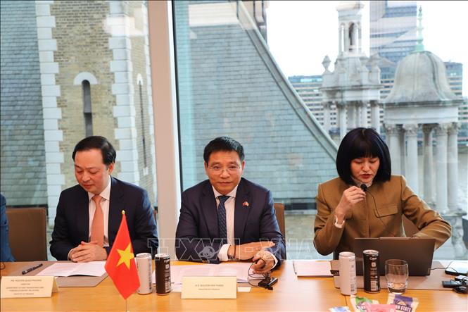 Minister of Finance Nguyen Van Thang (C) at the meeting with JP Morgan representatives. VNA Photo: Hữu Tiến 