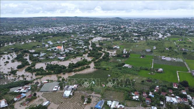 Nhiều nhà cửa, hoa màu của người dân phường Hàm Thắng (Lâm Đồng) bị ngập sâu trong nước lũ. Ảnh: Nguyễn Thanh - TTXVN