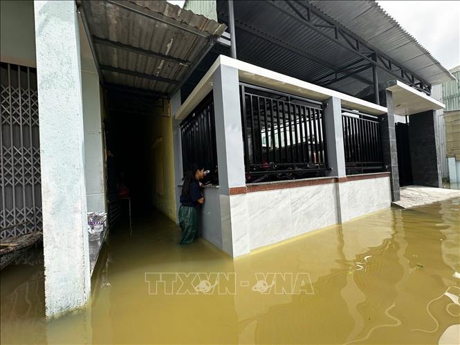 Khối phố Đoan Trai, phường Bàn Thạch, thành phố Đà Nẵng trưa ngày 30/10/2025 vẫn bị ngập sâu từ 1 đến 2m. Ảnh: Trần Lê Lâm - TTXVN