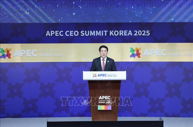 Chủ tịch nước Lương Cường phát biểu tại Hội nghị Thượng đỉnh Doanh nghiệp APEC 2025. Ảnh: Lâm Khánh – TTXVN