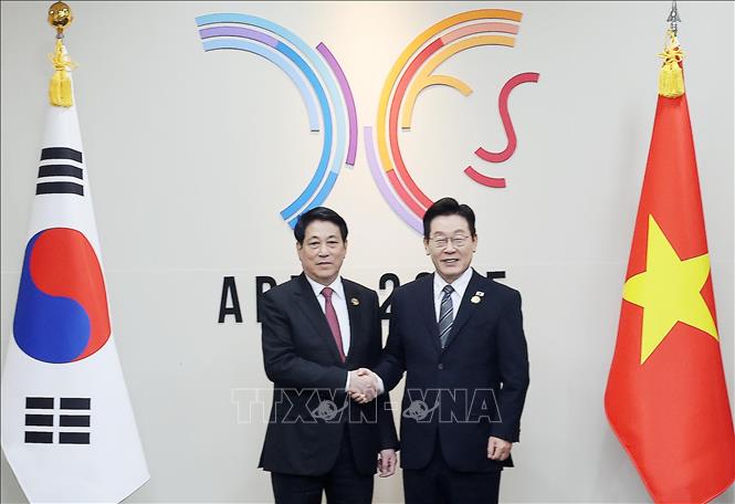 Chủ tịch nước Lương Cường hội đàm với Tổng thống Hàn Quốc Lee Jae Myung. Ảnh: Lâm Khánh – TTXVN