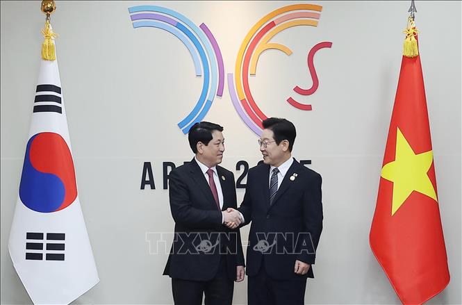 Chủ tịch nước Lương Cường hội đàm với Tổng thống Hàn Quốc Lee Jae Myung. Ảnh: Lâm Khánh – TTXVN