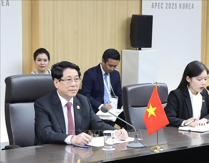 Chủ tịch nước Lương Cường hội đàm với Tổng thống Hàn Quốc Lee Jae Myung. Ảnh: Lâm Khánh – TTXVN