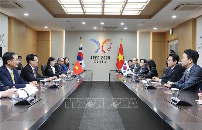 Chủ tịch nước Lương Cường hội đàm với Tổng thống Hàn Quốc Lee Jae Myung. Ảnh: Lâm Khánh – TTXVN