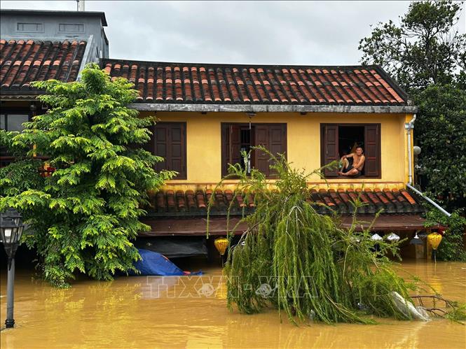 Người Hội An kiên cường trong mưa lũ. Ảnh: Trần Lê Lâm - TTXVN