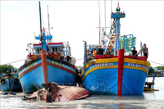 Đồn biên phòng Thanh Hải cùng lực lượng hỗ trợ dùng thêm nhiều tàu lớn để giữ không cho nước cuốn trôi tàu cá BTh 8077 TS. Ảnh: Nguyễn Thanh - TTXVN  