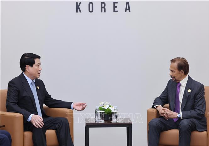 Chủ tịch nước Lương Cường gặp Quốc vương Brunei Hassanal Bolkiah. Ảnh: Lâm Khánh – TTXVN