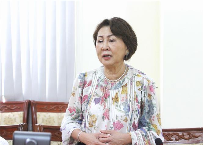 Bà Sok Chanda - Phó Chủ tịch Hiệp hội Doanh nghiệp Việt Nam-Campuchia, Giám đốc Suncity Service Apartment có trụ sở ở thủ đô Phnom Penh - phát biểu tại hội nghị. Ảnh: Hoàng Minh - PV TTXVN tại Campuchia