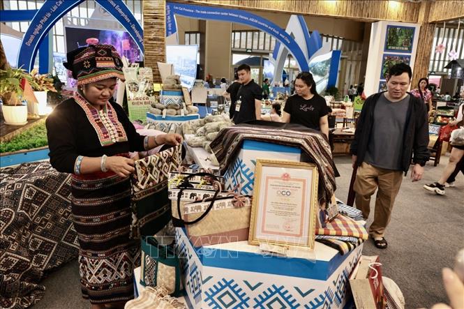 Chị Lò Thị Vân, dân tộc Lào, Giám đốc HTX Pa Thơm, xã Thanh Yên, Điện Biên với những sản phẩm thổ cẩm OCOP 3 sao. Ảnh: Trần Việt - TTXVN