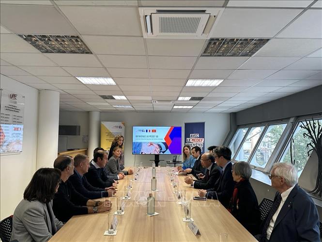 Đoàn công tác Đại sứ quán Việt  Nam tại Pháp do Đại sứ Đinh Toàn Thắng dẫn đầu làm việc với Hiệp hội Doanh nghiệp vùng Pyrénées-Orientales. Ảnh: Đào Dũng - Phòng viên TTXVN tại Pháp