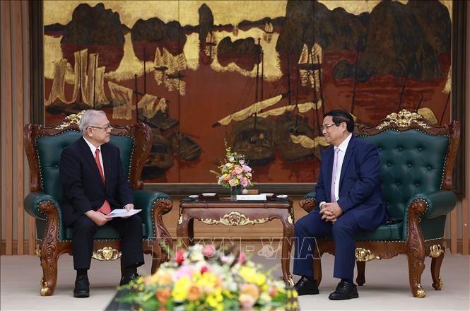 Thủ tướng Phạm Minh Chính tiếp ông Nishimura Teiichi, Chủ tịch Hội hữu nghị Nhật Bản - Việt Nam khu vực Kansai (Nhật Bản). Ảnh: Dương Giang-TTXVN 