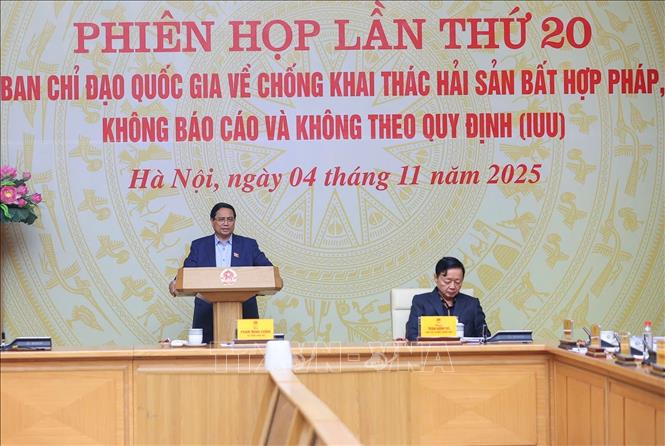 Thủ tướng Phạm Minh Chính chủ trì Phiên họp thứ 20 của Ban Chỉ đạo Quốc gia về chống khai thác hải sản bất hợp pháp. Ảnh: Dương Giang-TTXVN
