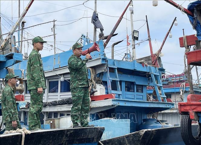 Border guards used loudspeakers to call on fishing boats to arrange safe anchorage at Sa Huynh fishing port, Quang Ngai province. VNA Photo: Phạm Cường