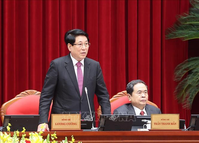 Ủy viên Bộ Chính trị, Chủ tịch nước Lương Cường điều hành Phiên khai mạc Hội nghị lần thứ 14 Ban Chấp hành Trung ương Đảng khóa XIII. Ảnh: Lâm Khánh - TTXVN