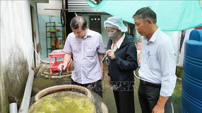 Ngành y tế tỉnh Đồng Tháp kiểm tra, giám sát nguồn bọ gậy tại hộ gia đình. Ảnh: Công Trí-TTXVN