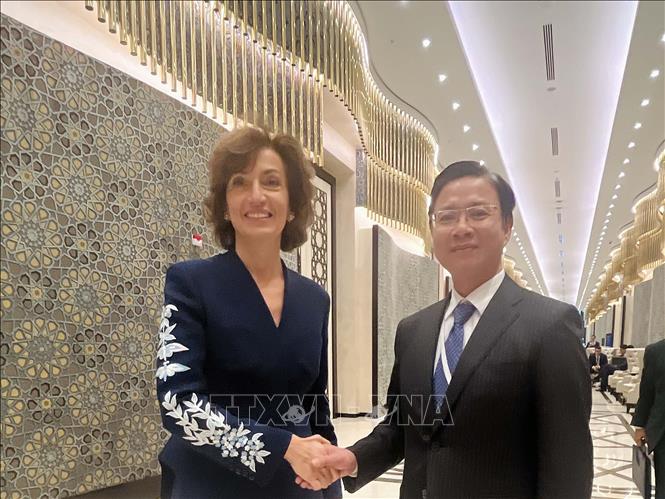 Thứ trưởng Ngoại giao Ngô Lê Văn gặp bà Audrey Azoulay, Tổng Giám đốc UNESCO. Ảnh: TTXVN phát