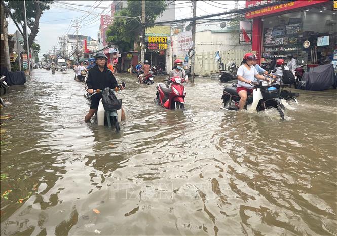 Nhiều xe chết máy, người dân chật vật dắt bộ tại ngã tư đường Phạm Hữu Lầu và đường Nguyễn Lương Bằng, TP. Hồ Chí Minh. Ảnh: Hương Giang – TTXVN