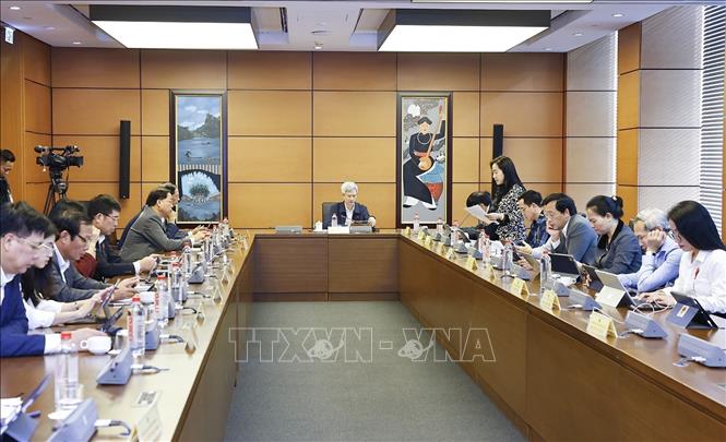 Đoàn đại biểu Quốc hội tỉnh Hưng Yên và TP Hải Phòng thảo luận ở tổ. Ảnh: Doãn Tấn - TTXVN