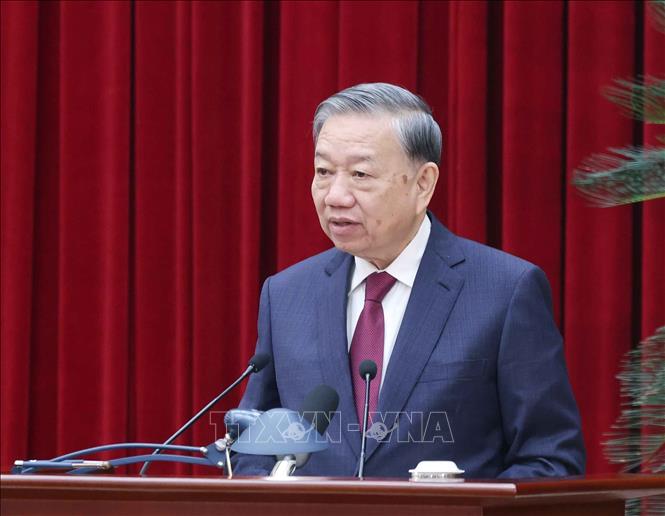 Tổng Bí thư Tô Lâm phát biểu bế mạc Hội nghị lần thứ 14 Ban Chấp hành Trung ương Đảng khóa XIII. Ảnh: Thống Nhất - TTXVN