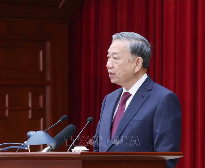 Tổng Bí thư Tô Lâm phát biểu bế mạc Hội nghị lần thứ 14 Ban Chấp hành Trung ương Đảng khóa XIII. Ảnh: Thống Nhất - TTXVN