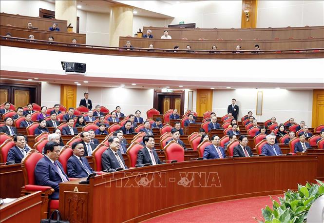 Các đại biểu tham dự phiên bế mạc Hội nghị lần thứ 14 Ban Chấp hành Trung ương Đảng khóa XIII. Ảnh: Thống Nhất - TTXVN