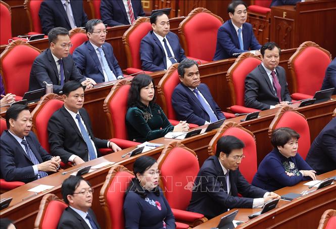 Các đồng chí Trung ương dự phiên bế mạc Hội nghị lần thứ 14 Ban Chấp hành Trung ương Đảng khóa XIII.  Ảnh: Lâm Khánh - TTXVN