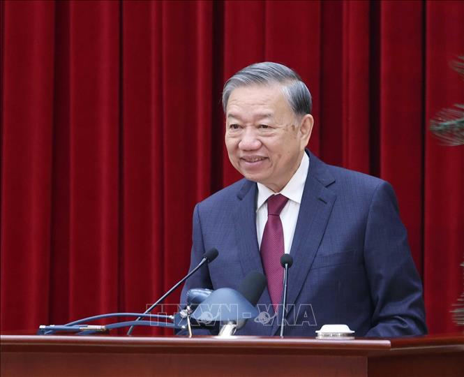 Tổng Bí thư Tô Lâm phát biểu bế mạc Hội nghị lần thứ 14 Ban Chấp hành Trung ương Đảng khóa XIII. Ảnh: Thống Nhất - TTXVN