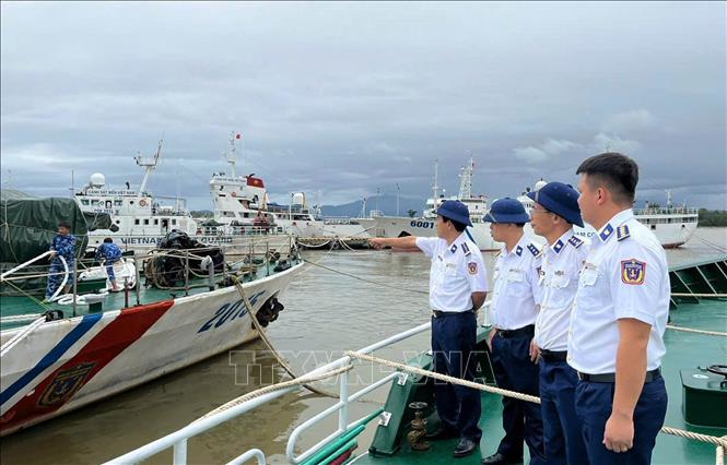 Các tàu Cảnh sát biển neo đậu tại cảng làm dây buộc bảo đảm an toàn chống bão số 13. Ảnh: Trần Tĩnh - TTXVN