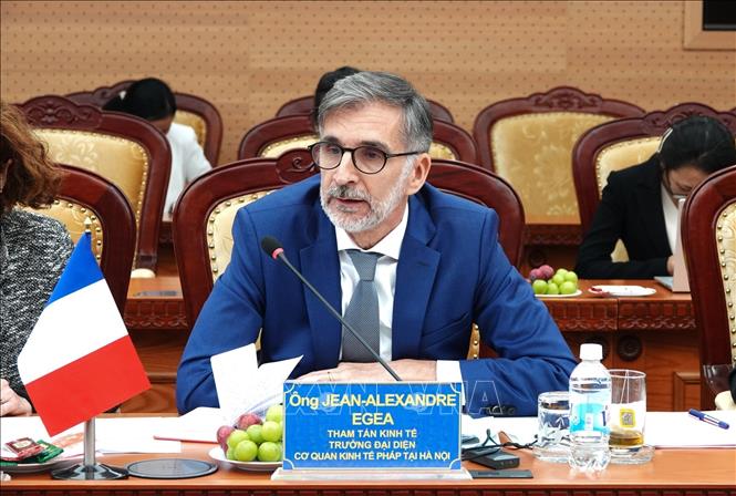 Ông Jean-Alexandre Egea, Tham tán kinh tế, Trưởng đại diện cơ quan kinh tế Pháp taị Hà Nội phát biểu tại Diễn đàn. Ảnh: TTXVN phát