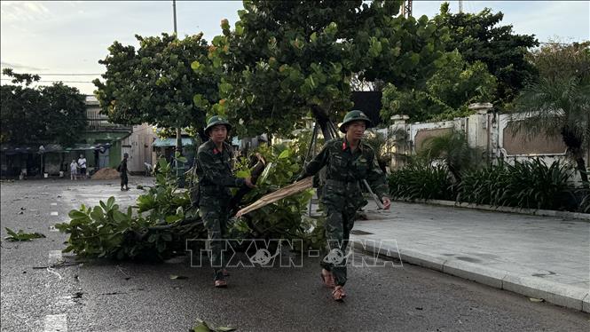 Lực lượng quân sự thu dọn cây xanh ngã trên đường Độc Lập, phường Tuy Hoà. Ảnh Tường Quân- TTXVN