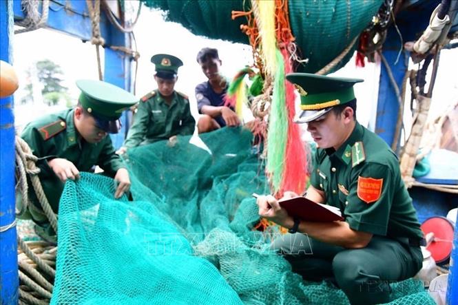 Biên đội III/24 (Hải đoàn Biên phòng 18, trụ sở đóng tại thành phố Vũng Tàu, tỉnh Bà Rịa-Vũng Tàu) kiểm tra vi phạm của tàu cá để làm rõ hành vi khai thác khai thác hải sản bất hợp pháp, không khai báo và không theo quy định (IUU). Ảnh: TTXVN phát