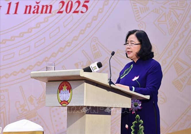 Đồng chí Bùi Thị Minh Hoài, Chủ tịch Ủy ban Trung ương MTTQ Việt Nam phát biểu. Ảnh: Minh Đức – TTXVN

