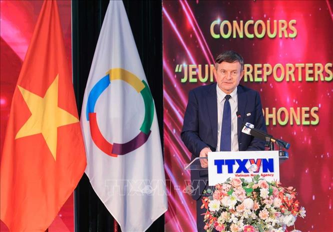 Ông Edgar Doerig, Trưởng Đại diện khu vực châu Á - Thái Bình Dương của Tổ chức Quốc tế Pháp ngữ (REPAP), nhà tài trợ chính của cuộc thi phát biểu. Ảnh: Hoàng Hiếu - TTXVN