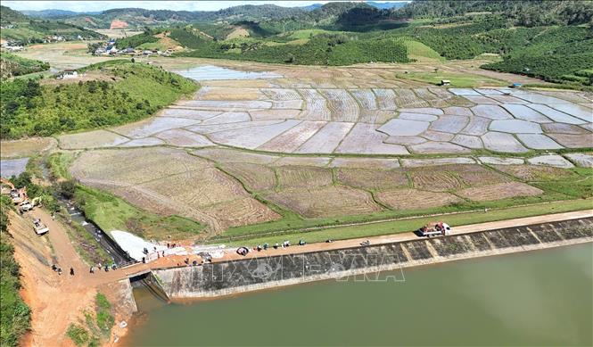 UBND tỉnh Lâm Đồng đã yêu cầu các sở, ngành, địa phương thực hiện giải pháp xử lý sạt trượt cục bộ khu vực hồ chứa nước Cay An. Đồng thời ban hành Lệnh xây dựng công trình khẩn cấp dự án khắc phục khẩn cấp thấm, sạt trượt hồ chứa nước Cay An (giai đoạn 1). Ảnh: Nguyễn Dũng – TTXVN 