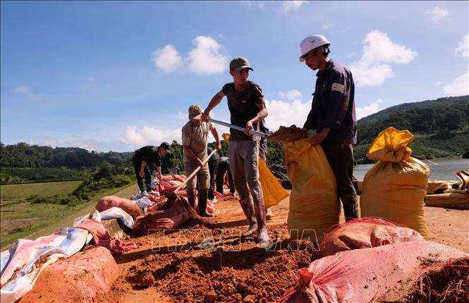 Các lực lượng bổ sung hàng trăm bao đất để gia cố phần thân đập bị nứt, sụt lún, có nguy cơ vỡ bất cứ lúc nào. Ảnh: Nguyễn Dũng – TTXVN 